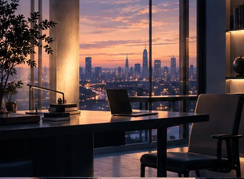 A quiet planning desk with a lamp, books, and a laptop beside tall windows overlooking the city at dusk.