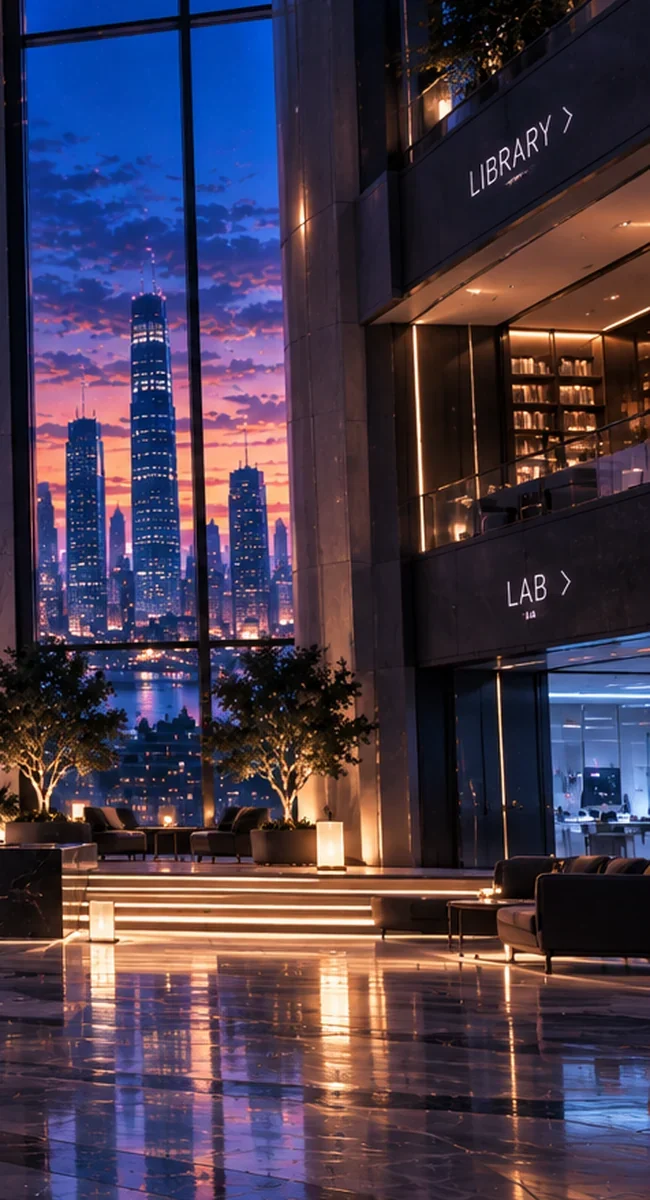 A tall glass hall at dusk with signs for the Library and the Lab